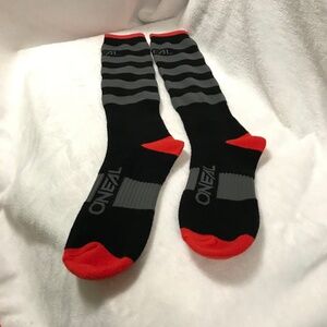 O'NEAL Men's Knee-High Motorcycle Sock Black/Gray Stripe w/Red One Size